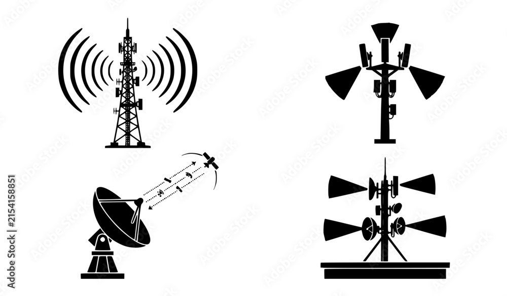 Fototapeta premium Wireless communication infrastructure silhouettes with broadcasting cell tower and satellite dish vector