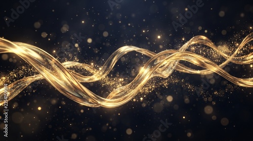 Elegant Golden Ribbons Drifting Gracefully Through a Dark Cosmic Space, Embellished with Sparkling Glitter and Shimmering Light Trails, Forming a Dynamic and Abstract Background