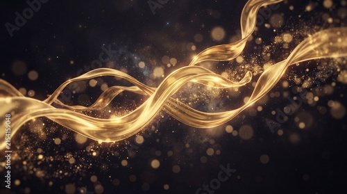 Luxurious Golden Abstract Flowing Ribbons with Shimmering Bokeh Lights and Sparkling Particles on a Dark Background, Elegant and Dynamic Digital Art for Festive Occasions