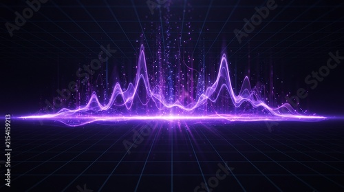 Abstract Holographic Digital Waves Futuristic Audio Visualization and Data Flow on a Glowing Grid Matrix Background