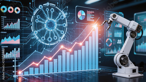 AI business growth background, artificial intelligence analyzing business performance, futuristic financial data visualization, upward growth chart, machine learning analytics, 