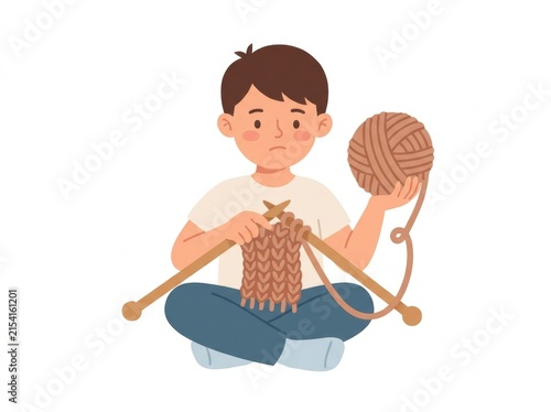 Little boy learning to knit with yarn ball and wooden needles vector illustration