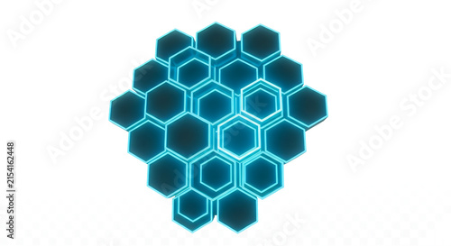 Blue glowing hexagon grid pattern. Futuristic honeycomb shape isolated on white background.