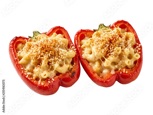 Stuffed Red Pepper Macaroni Cheese halves baked with crispy breadcrumbs isolated on black background for gourmet comfort food meal dinner recipe concept delicious savory comfort food asset