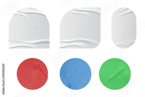 colorful Blank adhesive stickers mock up with curved corner Blank adhesive sticker with folded or curled corners. Realistic paper sticky notes in various shapes mockup as circle, square PNG