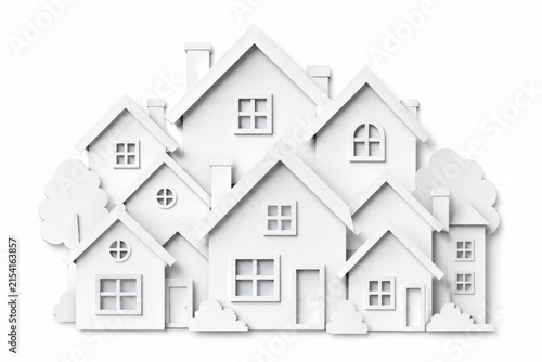 Group of small white paper houses in a neighborhood village