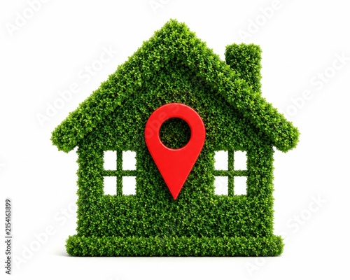 Green house icon made of leaves with a red location pin sign