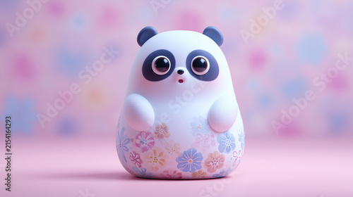 Cute panda figurine with floral pattern on pink background