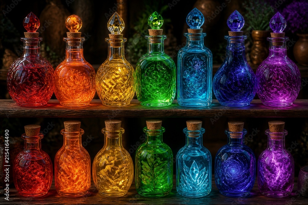 Fototapeta premium Row of colorful glass potion bottles on wooden shelf