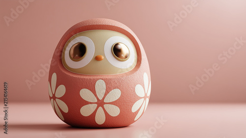 Cute pink Japanese daruma doll with white flower patterns