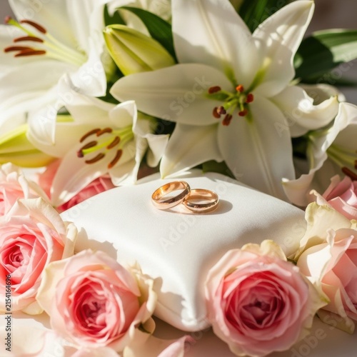 Close-up of two polished gold wedding bands resting on a white silk ring bearer pillow surrounded by pink roses and white lilies in a bright floral arrangement for ceremony.