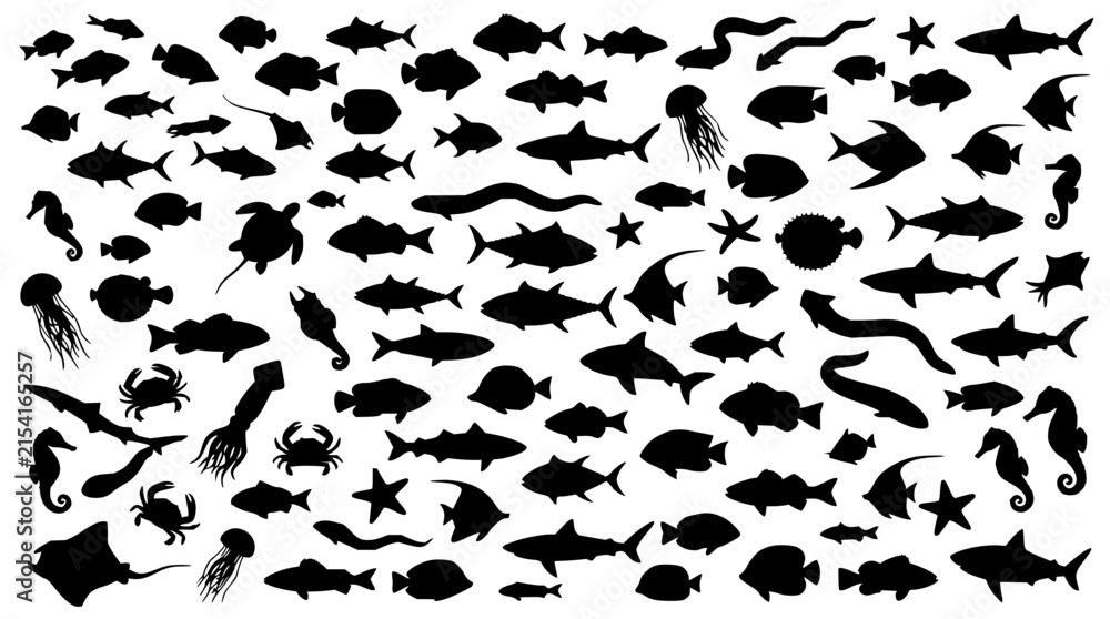 Fototapeta premium Black silhouette fish set with underwater sea creatures featuring marine life, ocean animals, and aquatic silhouettes with minimalist design and vector illustration