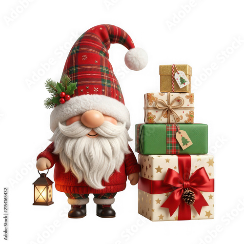 Cute christmas gnome with a red plaid hat holding a lantern next to a stack of wrapped gift boxes isolated on transparent background