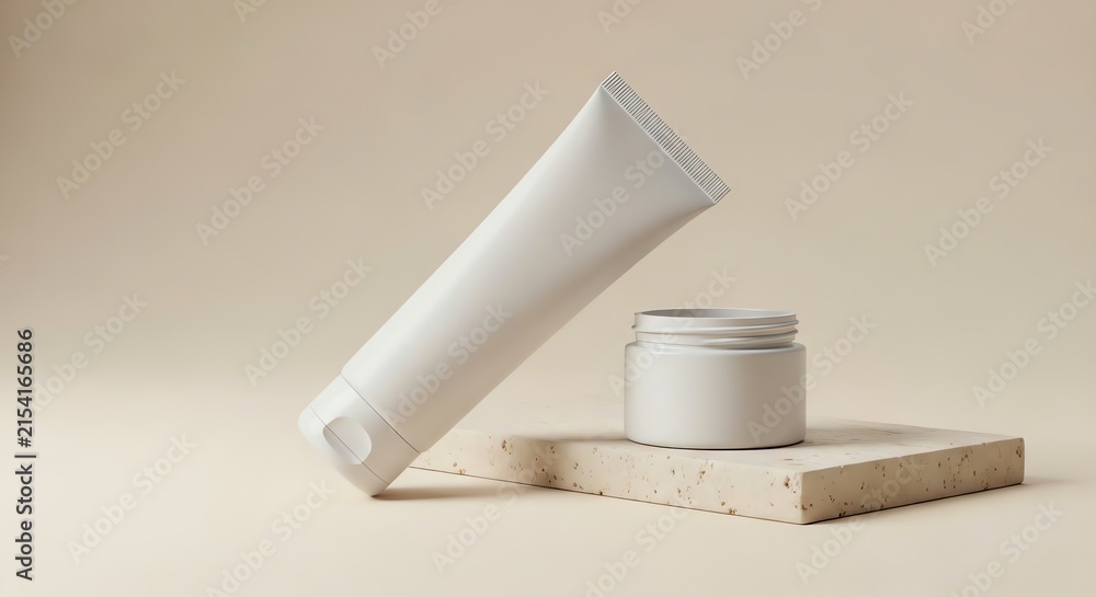 Obraz premium Minimalist white plastic tube and cream jar on stone