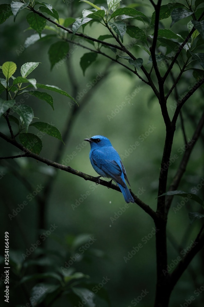 Obraz premium Small blue bird rests on a tree branch in a lush green forest. Its vibrant feathers contrast with dark foliage and soft rain. Wildlife scene in natural habitat.