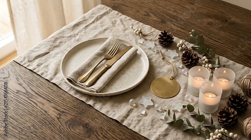 Elegant christmas table setting with pine cones candles and eucalyptus.