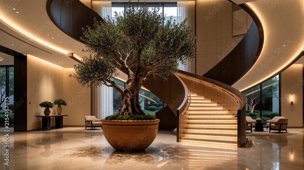 Fototapeta premium Grand hotel lobby features large potted olive tree, modern curved staircase, ambient lighting, and marble floors. Comfortable seating areas offer refined decor for guests.
