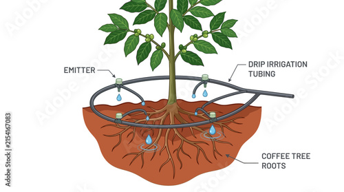 Drip Irrigation System for Coffee Tree Cultivation Illustration