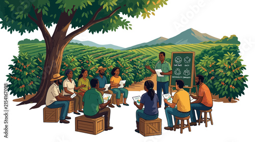 Diverse Group of Farmers Attending Agricultural Workshop in Coffee Plantation