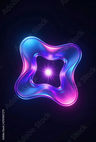 Iridescent looped form glows with a bright starburst center against a dark background abstract amorphous blob chromatic circular color gradient contemporary digital art futuristic glowing illumination