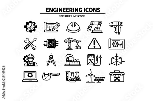 Engineering and Industrial Technology Line Icon Set, Editable Stroke Vector Illustration