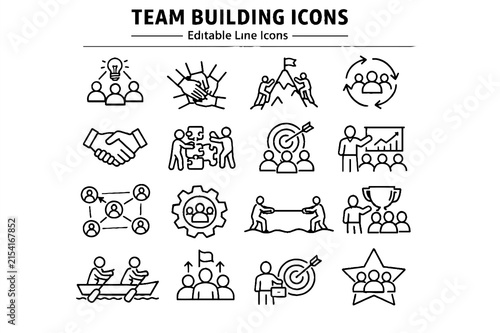 Team Building and Teamwork Business Line Icon Set, Editable Stroke Vector Illustration
