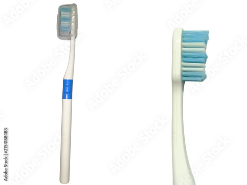 Toothbrush with protective cap and close-up of bristles on white background