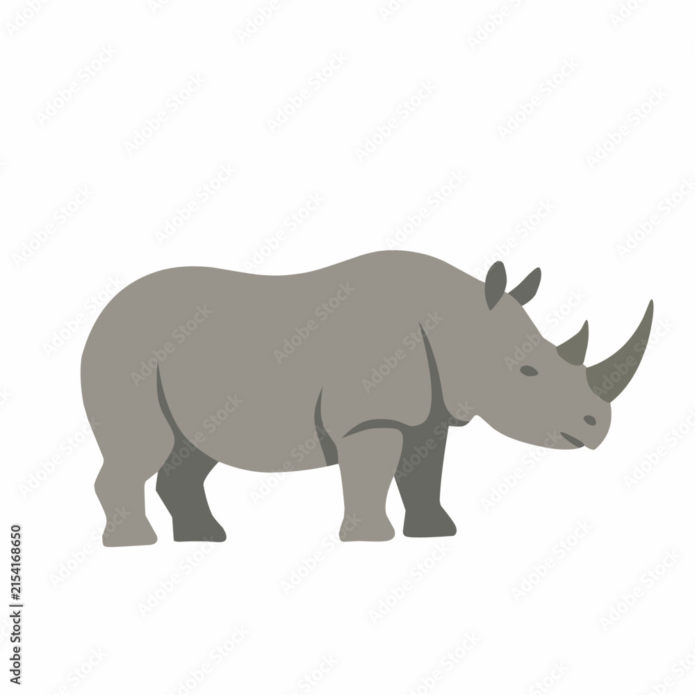 Fototapeta premium Colorful cartoon rhinoceros standing and facing right, isolated on a white background, African safari wildlife vector illustration