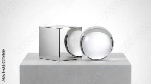 Reflective chrome cube paired with clear crystal sphere on clean white stone platform surface.