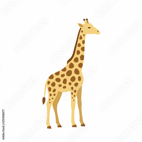 Colorful cartoon giraffe standing and facing right, isolated on a white background, African safari wildlife vector illustration