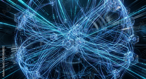 Quantum AI Computing Processor Core Visualizing Connected Data Streams And Polyhedral Nodes