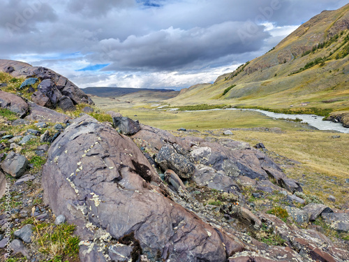 View on wilderness Altai area in the valley of Akkol river. Altai Republic.