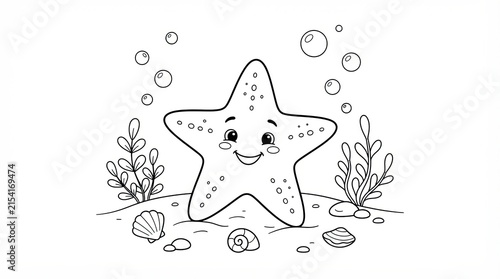Cute cartoon starfish with bubbles on the ocean floor coloring page