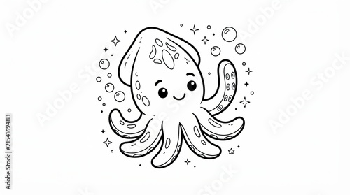 Cute little squid cartoon character with bubbles for coloring page