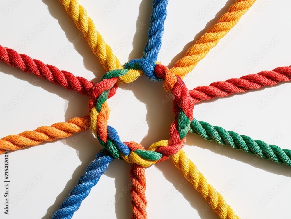 Obraz premium Colorful Ropes Intertwined in a Circle Symbolizing Unity and Teamwork.