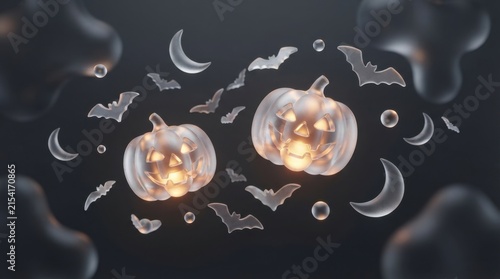 Dark glossy Halloween podium with glass pumpkins and bats