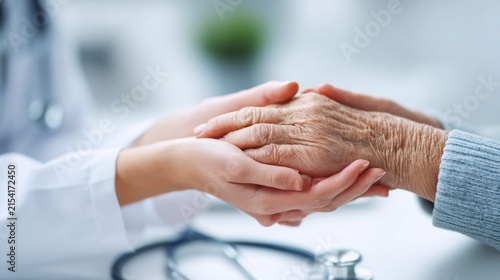 doctors hands in white sleeves holding the hand of a senior patient during a medical consultation. Focus on the connection between the hands with a blurred stethoscope in the background. High 