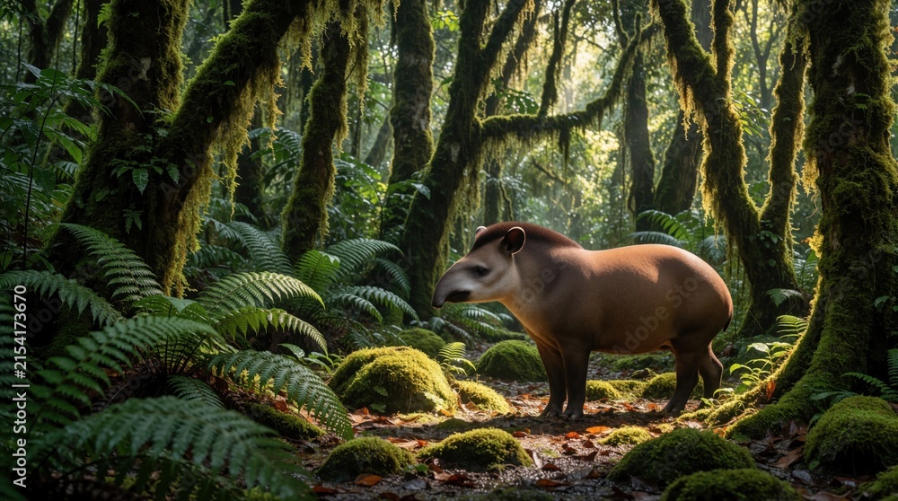 Obraz premium Brown tapir walks in deep green forest thick with moss and ferns. Sunlight streams through trees onto the forest floor where rocks are covered in verdant growth.