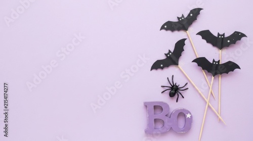 Halloween purple banner with bats and boo sign