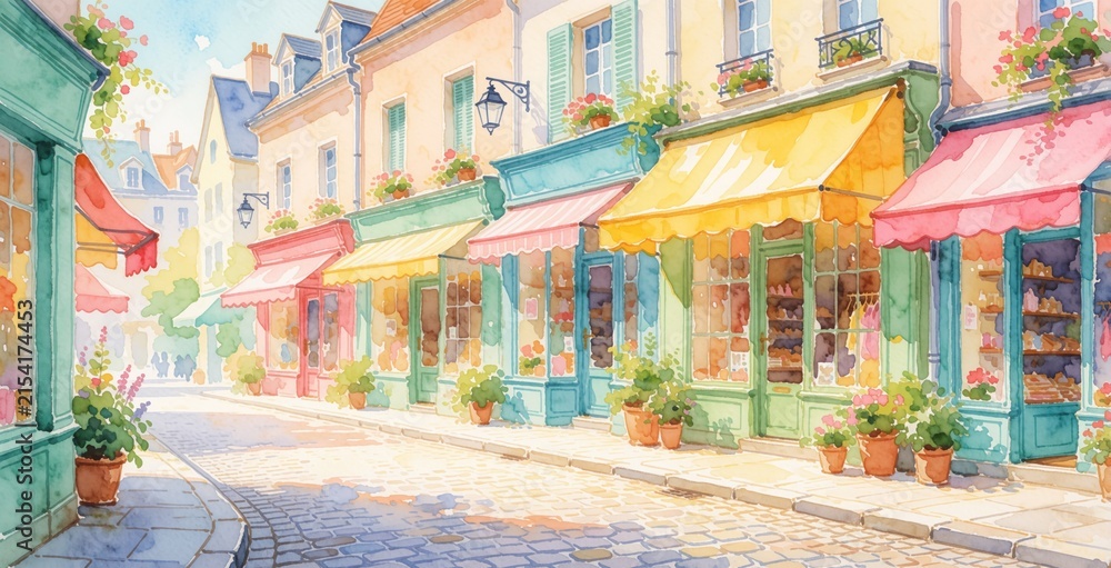 Fototapeta premium Watercolor painting shows charming street with shops. Pastel buildings have colorful awnings and flower pots. Cobblestone pavement creates quaint, inviting scene. It suggests peaceful European town.