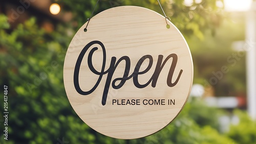 Open wooden sign hanging outdoors with welcoming message for customers and visitors