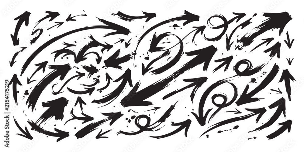 Fototapeta premium Hand drawn ink brush stroke arrows collection featuring messy black painted pointers and grunge directional symbols for artistic layouts graffiti designs and expressive graphic illustrations.