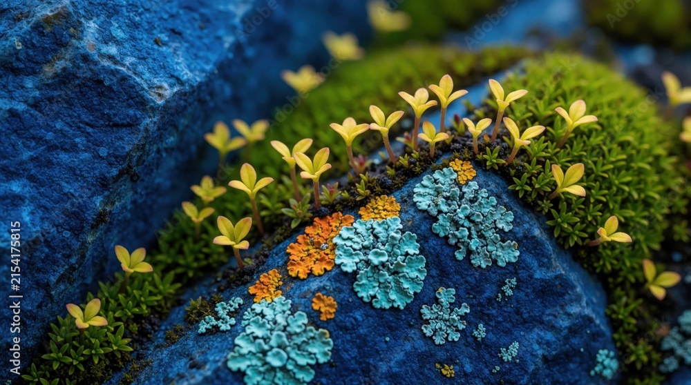 Obraz premium Macro view of tiny green plants, colorful lichen growing on blue rock surface. Small yellow sprouts emerge from mossy crevices. Nature details show organic life, botanical textures in wild outdoor