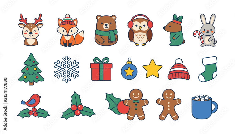 Fototapeta premium Christmas Animal Icon Set featuring Cute Winter Characters and Festive Holiday Line Art