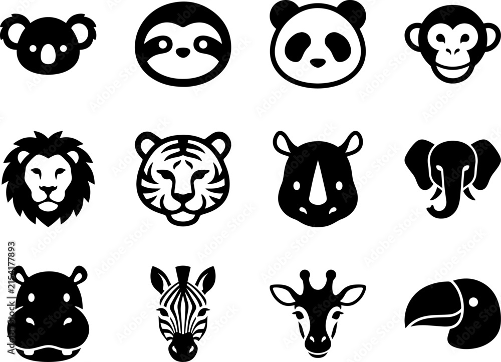 Fototapeta premium Vector Solid Black Animal Icons Pack: Flat Mascot Avatars, Wild Zoo & Safari Silhouette Pictograms Set for Graphic Design