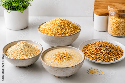 Healthy Grain Production Concept Millet Processing into Millet Flour, Millet Porridge and Toasted Millet