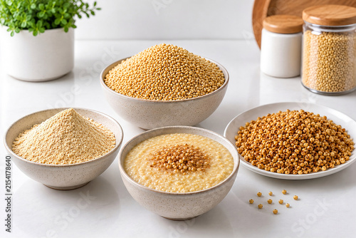 Millet Processing into Millet Flour, Millet Porridge and Toasted Millet, Healthy Grain Production Concept