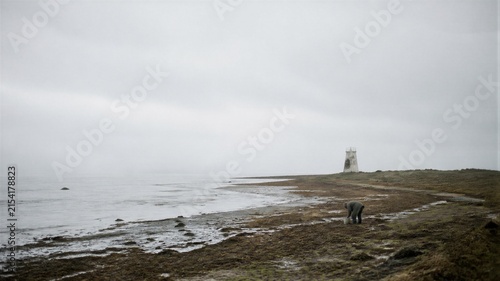 Solitary lighthouse overlooking a remote rocky coastline with a person exploring the shore beneath an overcast sky. Atmospheric offbeat travel landscape with copy space.