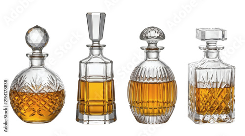Set of four luxury cut crystal glass decanters filled with whiskey liquor isolated on transparent background.