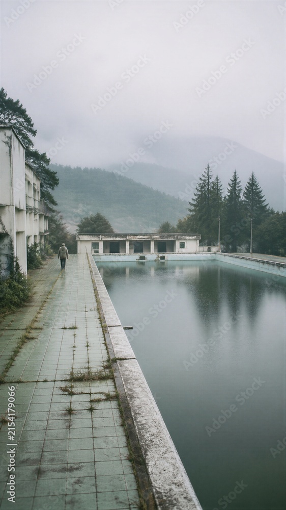 Fototapeta premium Traveler walking beside an abandoned mountain pool beneath misty forested hills.